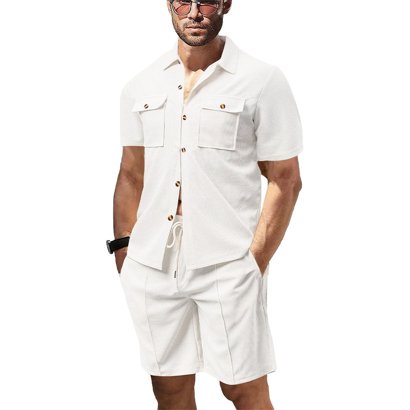 Herren Waffelstoff Set Kurzarm Hemd Und Shorts Für Den Sommer_voghion.com