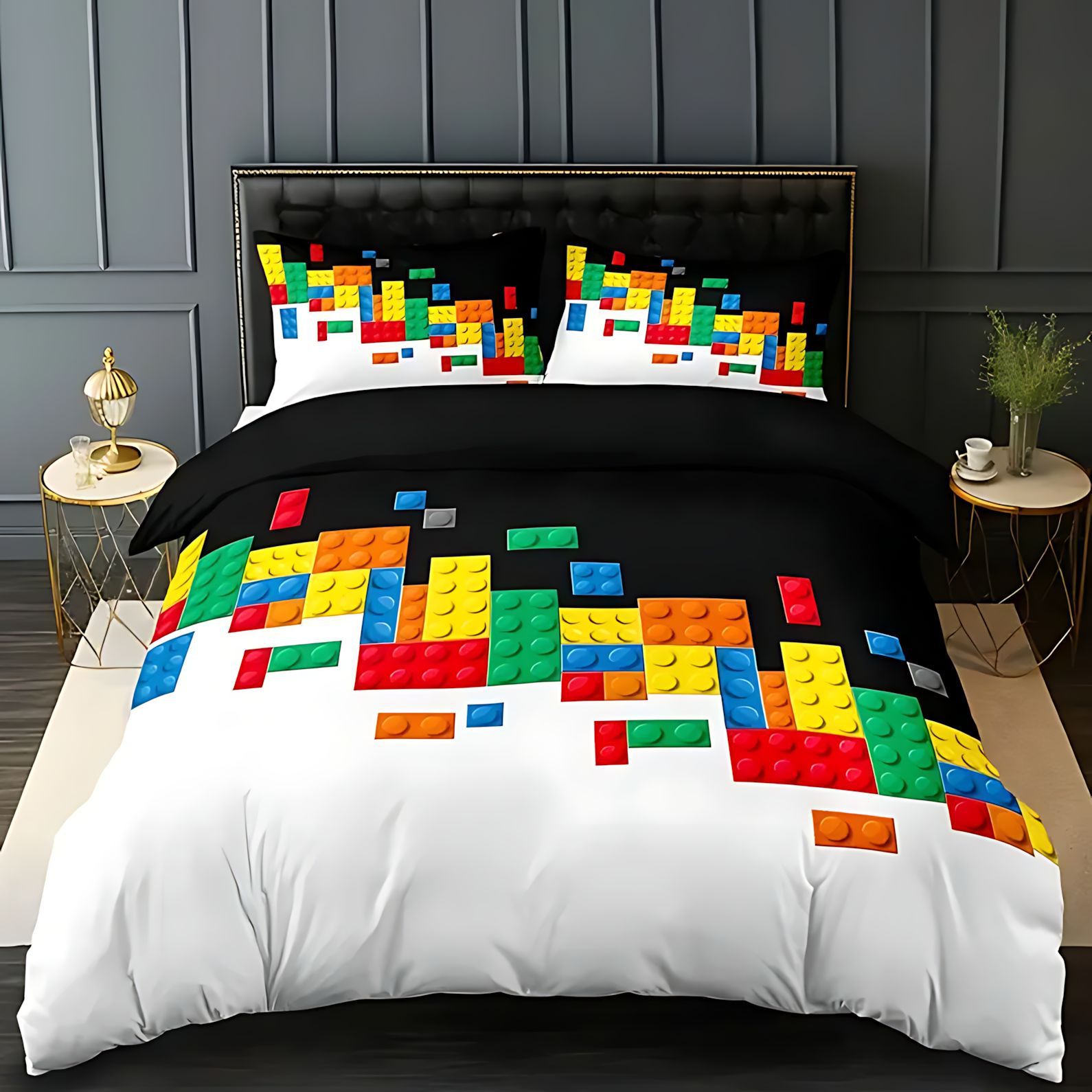 TEMU / JIT comercio exterior bloques de construcción coloridos enclavamiento de alta definición impresión digital abrasión colcha de cama set