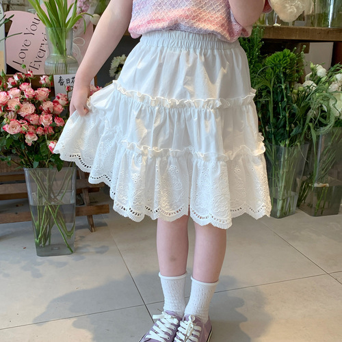 2023 Summer Clothes New Lace Hollow Hem Girls Pleated Skirt Korean Style Skin Friendly and Comfortable Cotton Skirt Girls