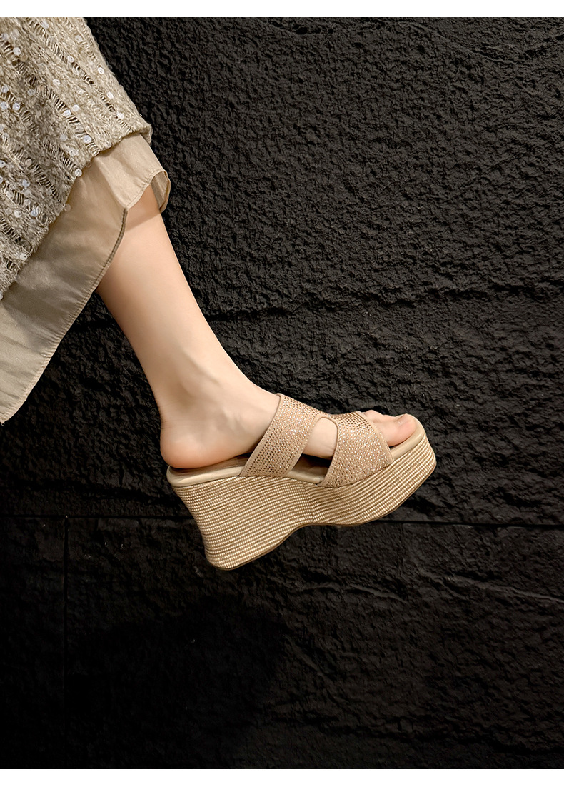 Sandal cao gót nữ đế xuồng đính đá quai ngang — màu đen, màu trắng ngà chi tiết 13
