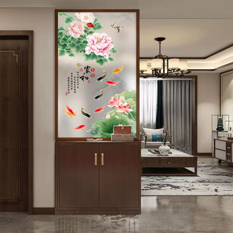 屏风隔断客厅新中式半墙入户进门实木多层板大门玄关柜鞋柜一体花