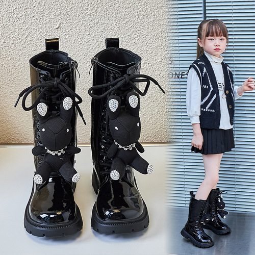 Girls' long boots 2024 new autumn and winter children's boots princess fashion mid-high boots single lining rabbit boots