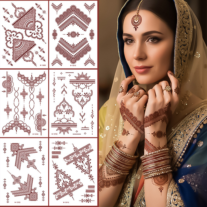 Cross-Border Lace Henna Tattoo Stickers Waterproof Red Brown Henna Henna Indian Southeast Asia Temporary Tattoos