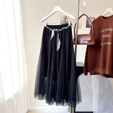 网纱半身仙女纱裙配丝巾腰带2025秋冬新款韩国黑色高腰中长款裙