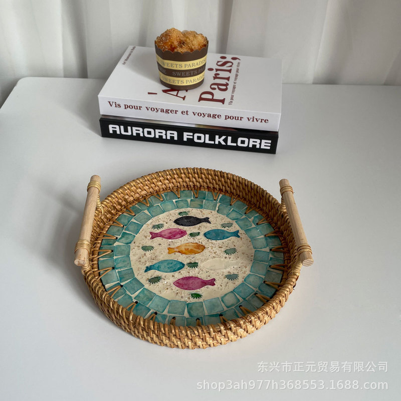 ベトナム籐編み貝殻トレー彩貝編みスナック収納バスケットお菓子スナックトレーフルーツパン茶皿|undefined