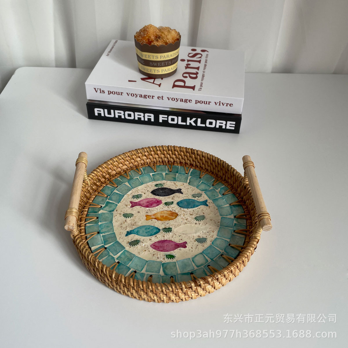 Vietnam ratán tejido Shell bandeja color Shell tejido merienda cesta de almacenamiento merienda bandeja fruta pan té bandeja