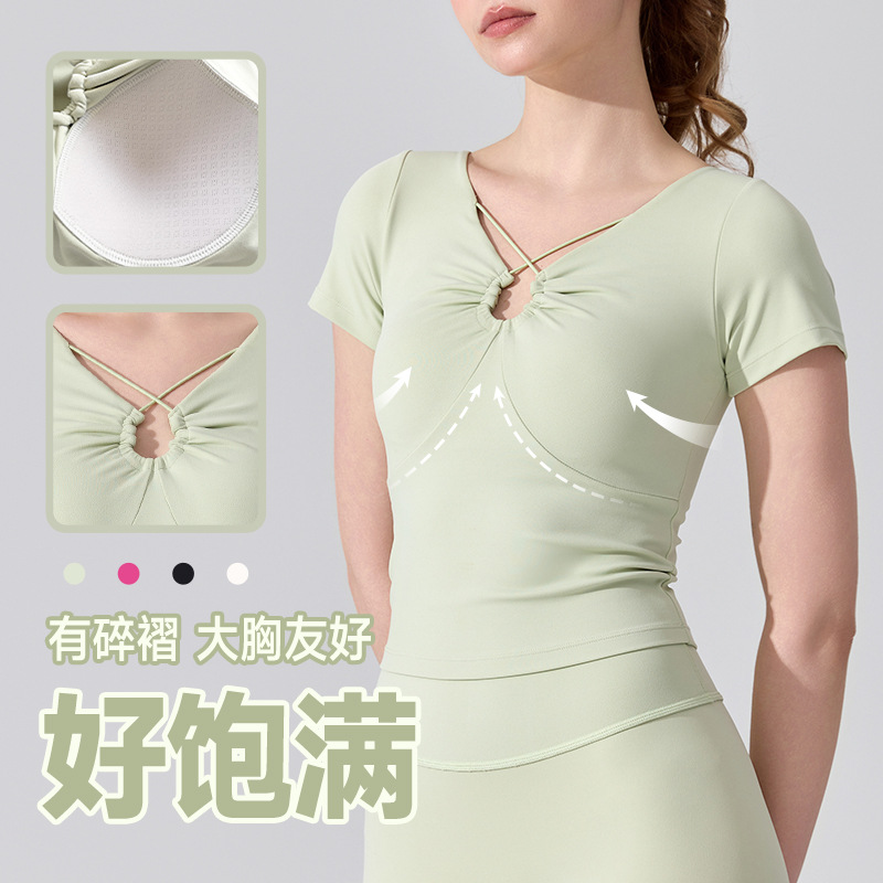 New Yoga Clothing Top with Chest Pad, Wrinkled Chic Style Sportswear, Fitness Running Slim T-Shirt, Women's Short Sleeves