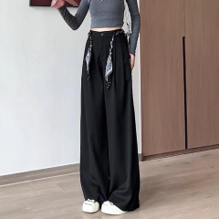 老钱风配丝巾西装裤女秋季新款窄版直筒阔腿裤垂感休闲拖地裤