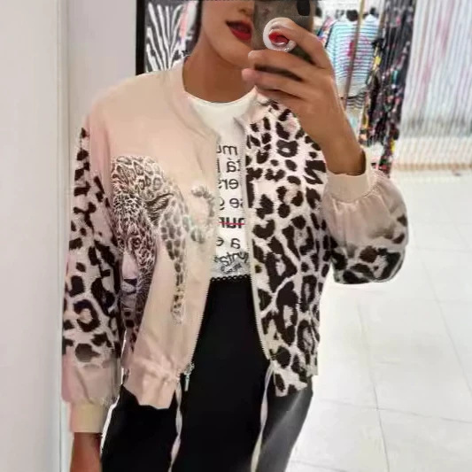 Cross-Border European and American Fashion Women's Spring and Autumn Jackets Long-Sleeved Leopard Print Animal Print Zipper Strap Jacket for Women Cross-Border European and American Fashion Women's Spring and Autumn Jackets Long-Sleeved Leopard Print Animal Print Zipper Strap Jacket for Women