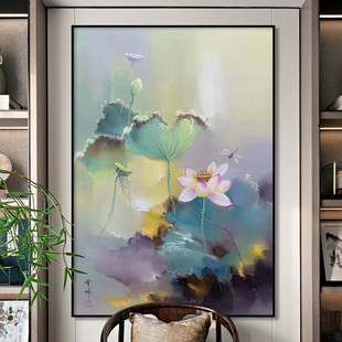 Purely Hand-Painted Oil Painting Lotus New Chinoiserie Modern Living Room Entrance Flower Decoration Painting Corridor Lotus Dafen Village Hanging Painting