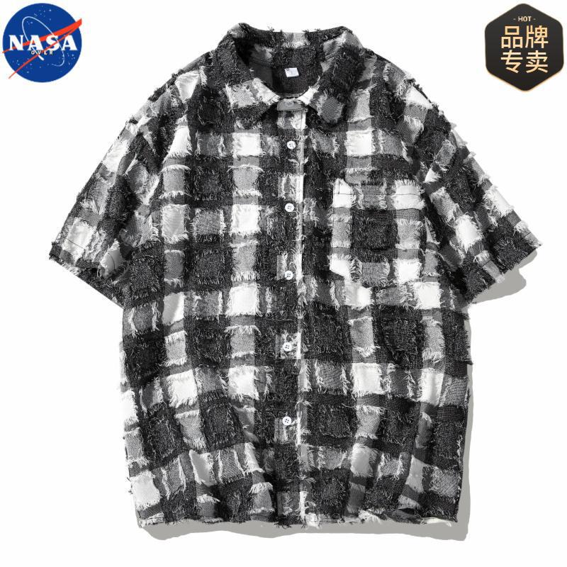 NASA Brand Summer American Plaid Short-sleeved Shirt Men's and Women's High-end Tassel Checkerboard Lapel Shirt