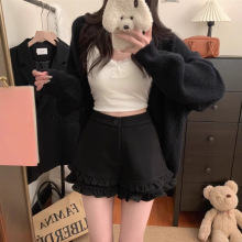 深灰色毛呢短裤子女秋冬季新款高腰显瘦设计感双层荷叶边热裤靴裤