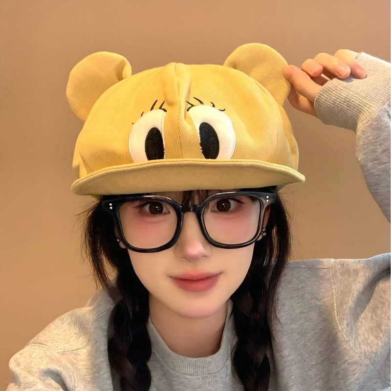 韩系卡通萌趣眼睛八角帽女春秋季可爱氛围感百搭翻沿鸭舌贝雷帽子|undefined