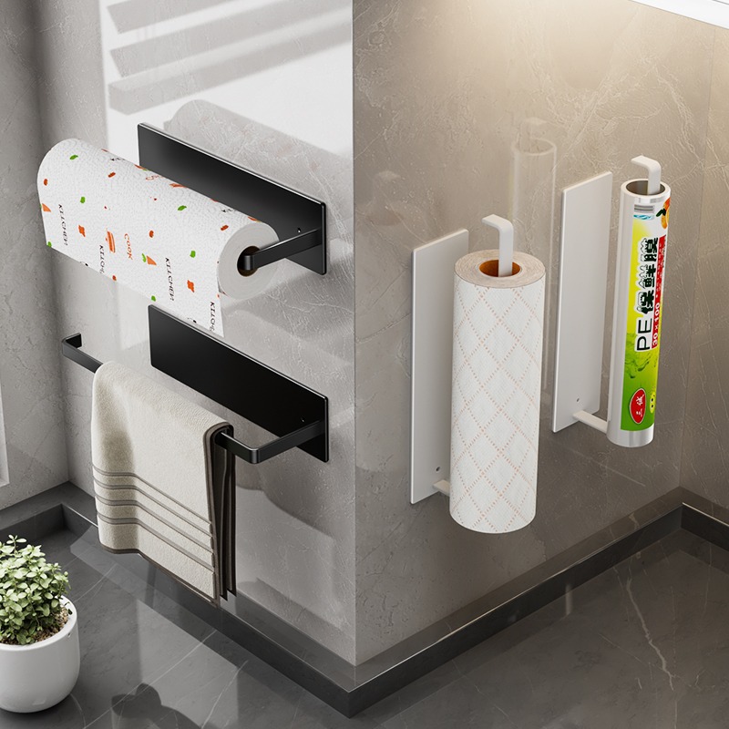 Gun Gray Kitchen Paper Towel Holder Without Punching Cabinet Roll Paper Storage Rack Kitchen Plastic Wrap Rag Rod Storage Rack