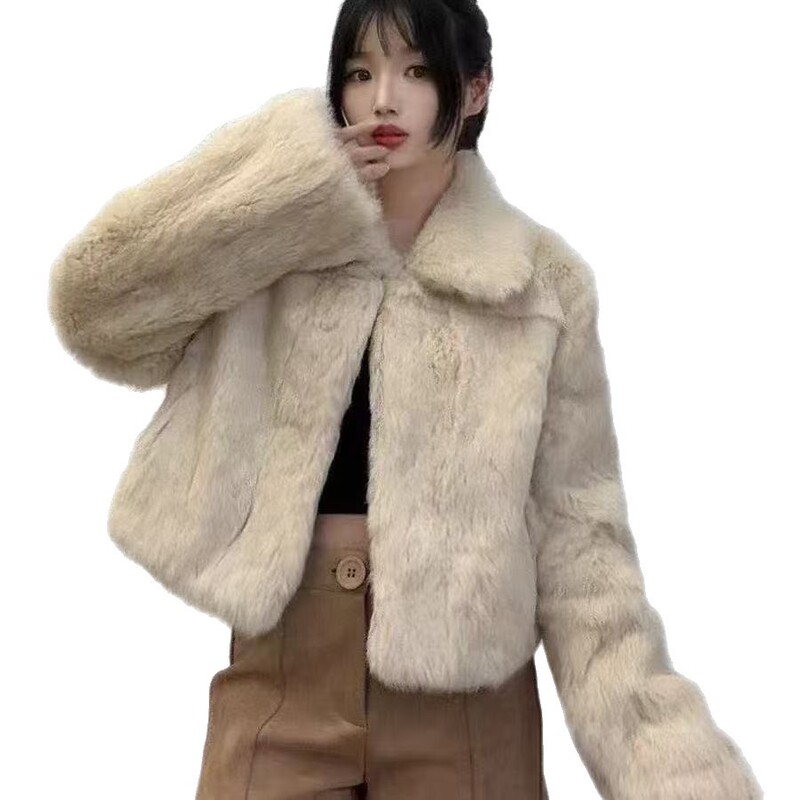 Old Money style rabbit fur whole skin fur coat, short fur coat for women, stand-up collar, can be worn upright or folded, autumn and winter warm Old Money style rabbit fur whole skin fur coat, short fur coat for women, stand-up collar, can be worn upright or folded, autumn and winter warm
