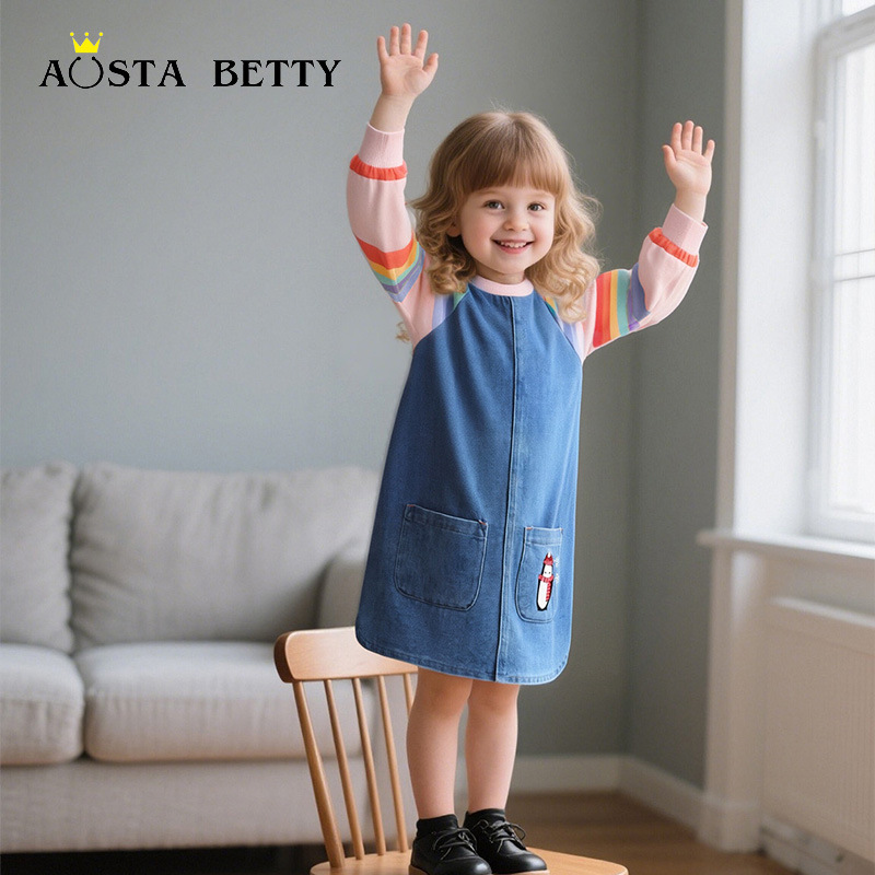 Cross-Border Supply Autumn New Girls' Dress Embroidered Round Neck Children's Princess Dress Denim Children's Skirt