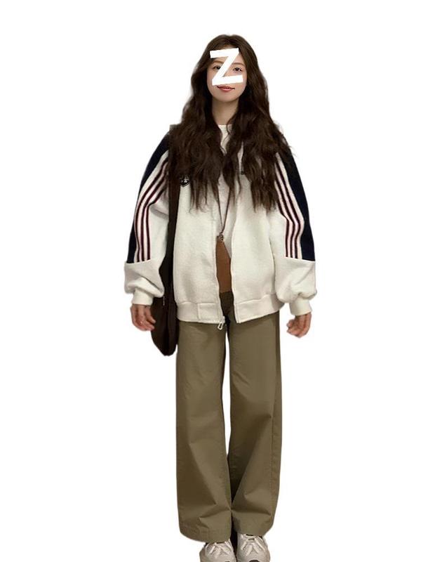 条纹美式复古撞色拉链外套女秋薄款宽松慵懒风棒球服开衫卫衣潮|undefined