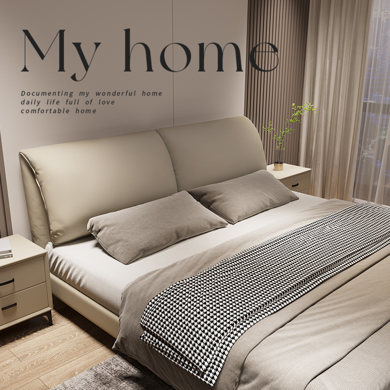 Cama de cuero con orejas de elefante, lujo ligero, dormitorio principal simple moderno, cama grande, cama de boda minimalista italiana, cama de cuero