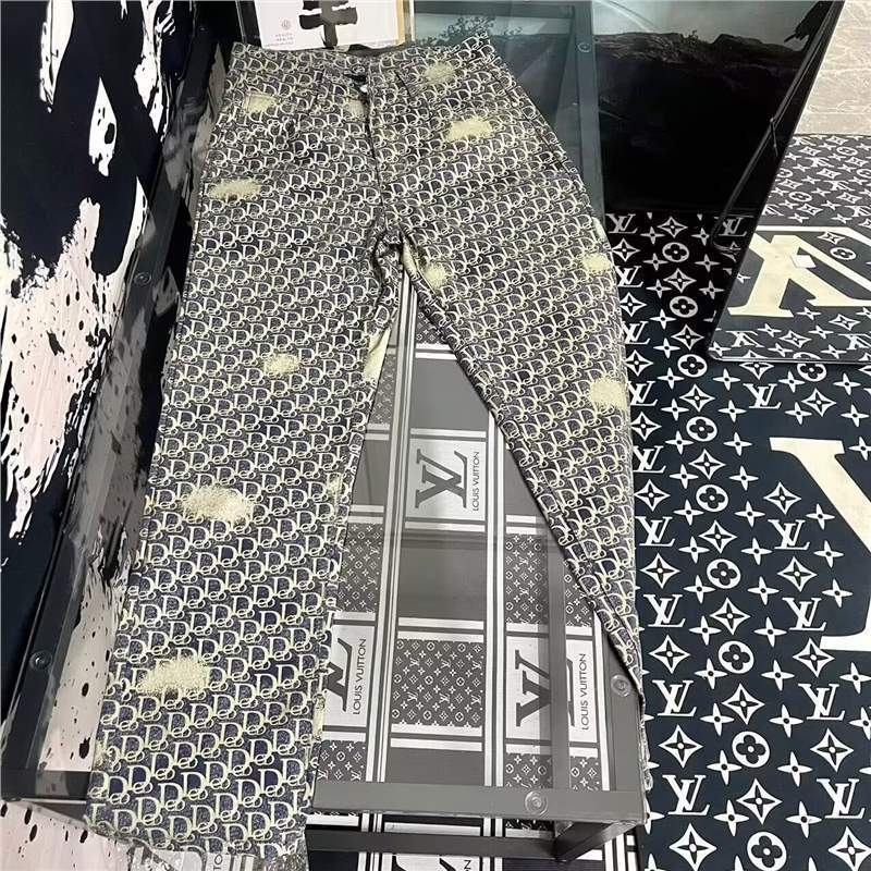 Cross-Border New Trendy Brand Internet Celebrity Jacquard Casual Full-Print Jeans Slim Fit Same Style Straight Men's Casual Long Pants