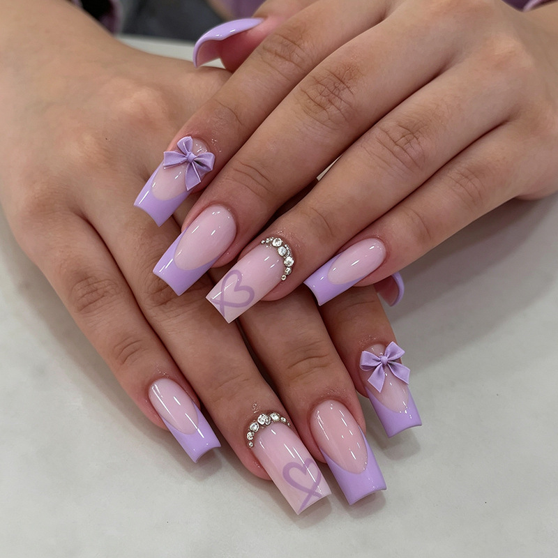 New European and American style light purple French-style 3D butterfly nail art, elegant mid-length square press-on nails, wholesale