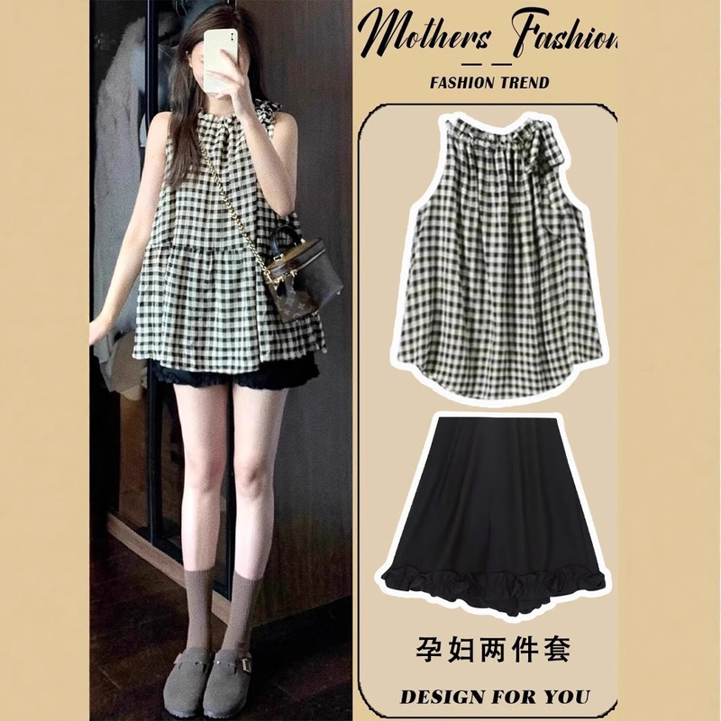 Maternity Suit Plaid Round Neck Sleeveless Thin Top Shorts 2025 New Casual Two-Piece Summer Maternity Wear