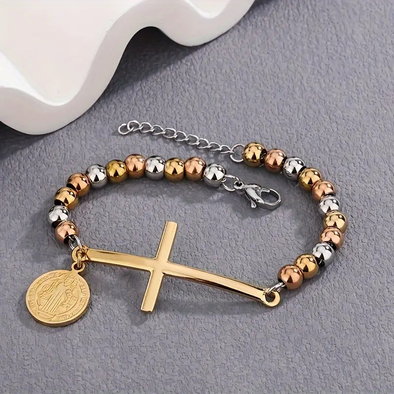 304 Stainless Steel Material Vintage Style Classic Style Cross 304 Stainless Steel Beaded Chain Bracelets In Bulk