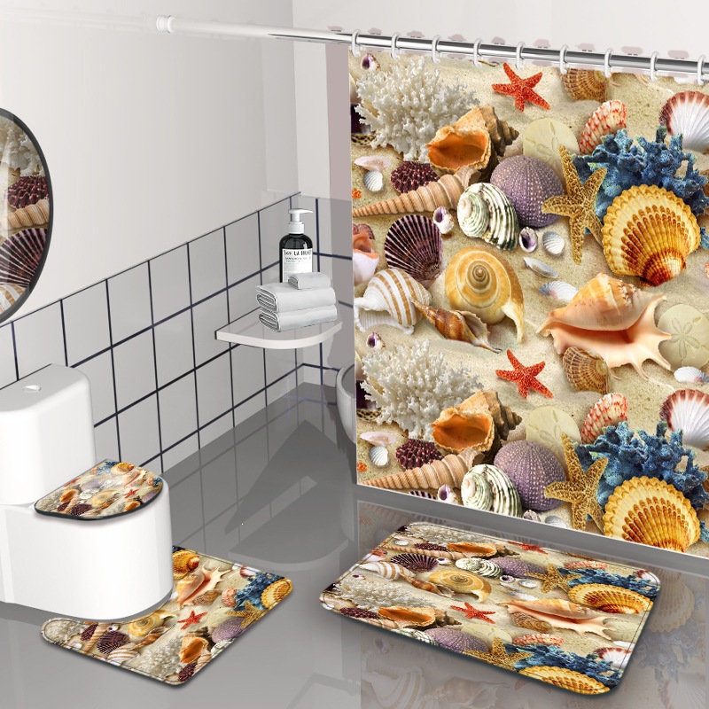 Impresión digital de ondas cortina de baño sin agujeros partición de baño cortina impermeable baño cuatro piezas conjunto de dibujo se puede fijar image 18
