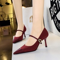 9116-A3 Banquet High Heels, Thin Heels, Shallow Mouth, Pointed Headlight, Core Velvet Metal Buckle, Straight Strap, High Heels, Single Shoes for Women