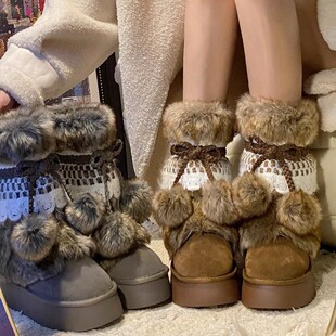 Northeast Retro Joker Furry Snow Boots Women's 2024 Fall/Winter New Thick fleece-lined Thick Warm Large Cotton Shoes