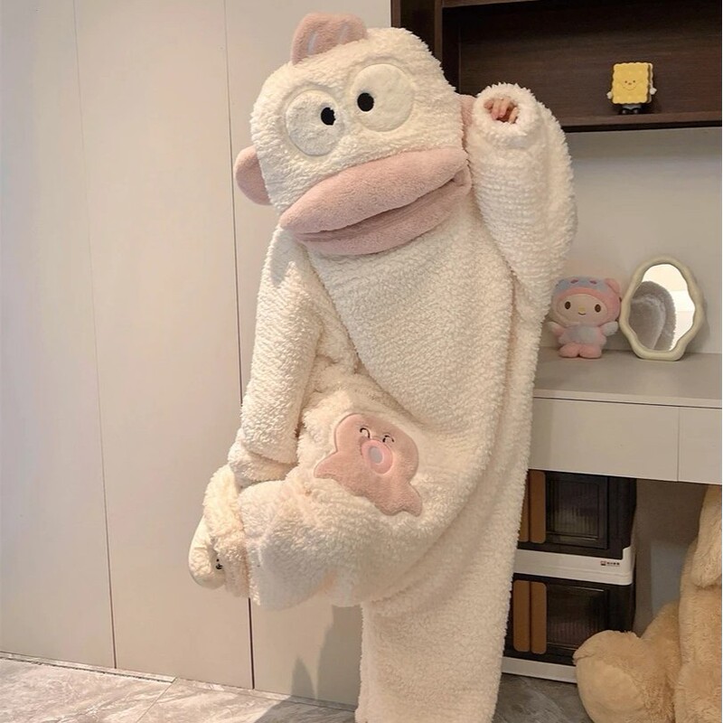 白色丑鱼汉顿连体睡衣女冬季珊瑚绒情侣款搞怪沙雕宽松大码家居服|undefined