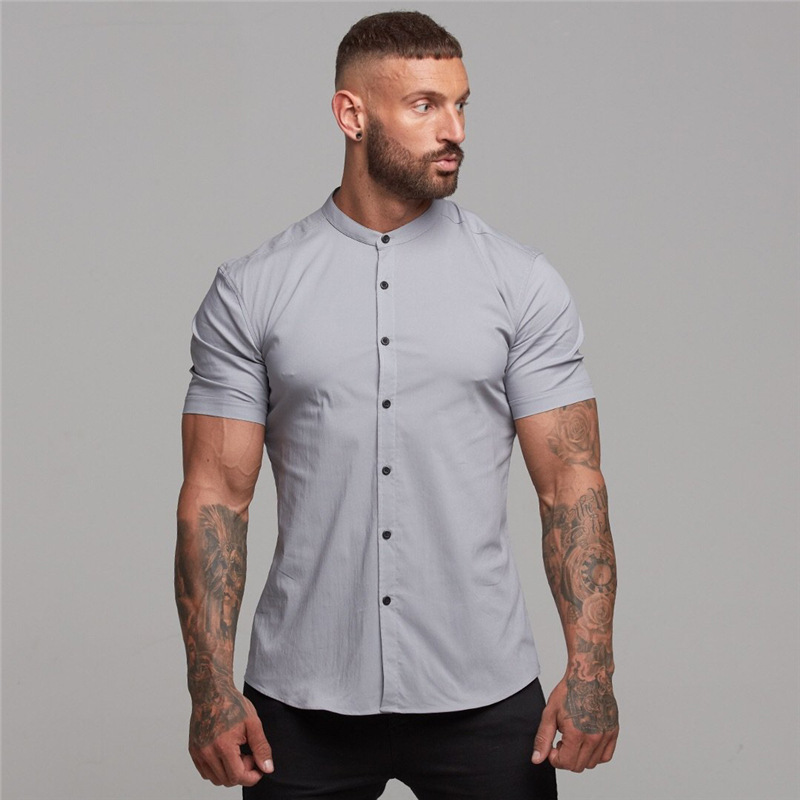 Foreign Trade New Fitness Short-sleeved Shirt Men's Summer Muscle Sports Solid Color Cardigan Casual Collar Slim-fit Shirt