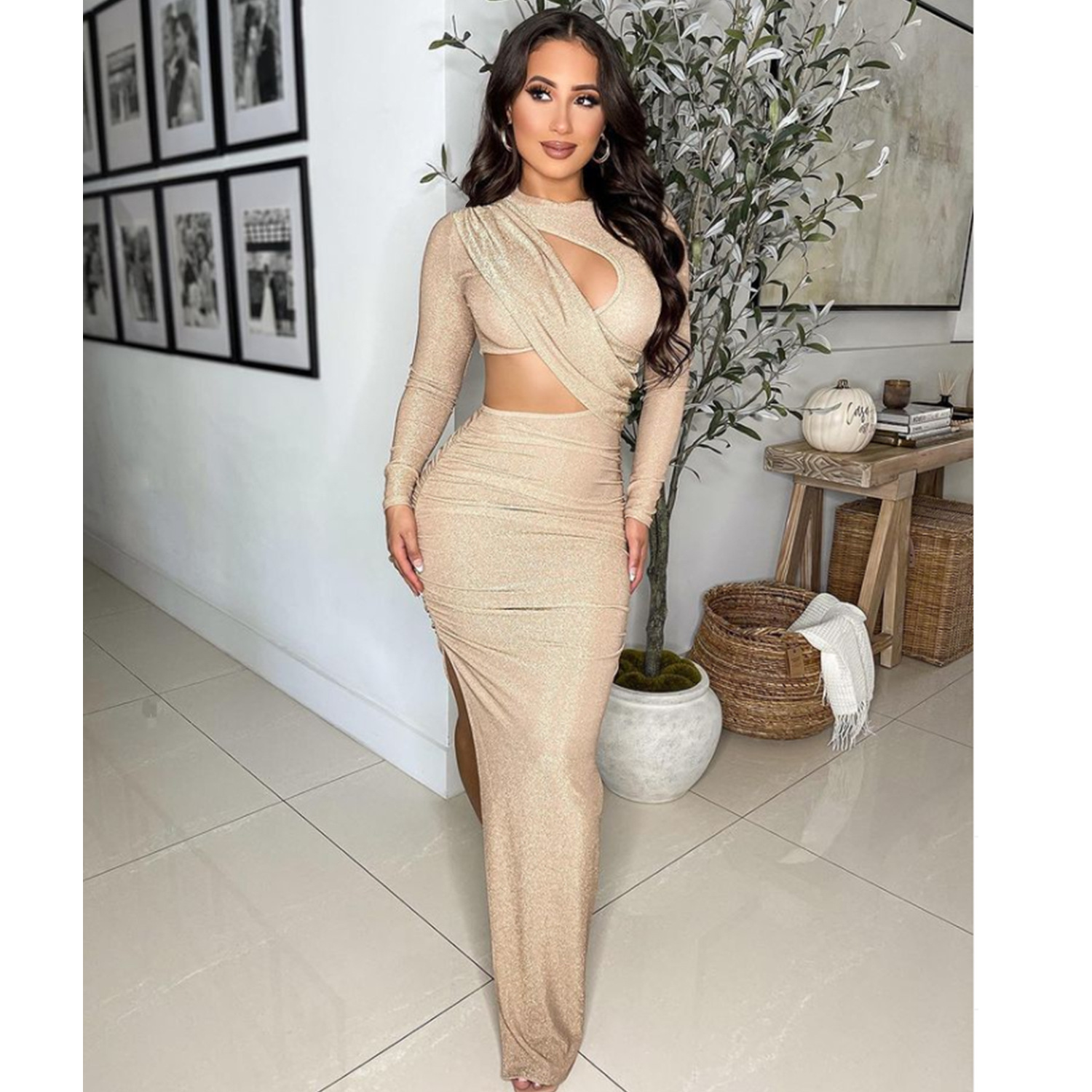 Women'S Gender Splicing Design Wholesale Women'S Sexy Splicing Solid Color Holiday Daily Round Neck Long Sleeve Irregular Skirt