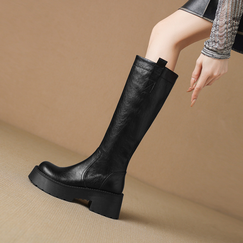 7cm Height-Increasing Thick-Soled Full Cowhide Leather Knight Boots with Long Legs, 2025 Winter Round-Toe Genuine Leather Chunky High-Heeled Knee-High Boots for Women 7cm Height-Increasing Thick-Soled Full Cowhide Leather Knight Boots with Long Legs, 2025 Winter Round-Toe Genuine Leather Chunky High-Heeled Knee-High Boots for Women