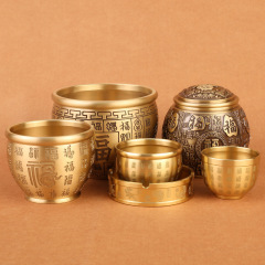 純黃銅！百福缸米缸聚寶盆缸桌面小擺件煙灰缸書房裝飾品批發
