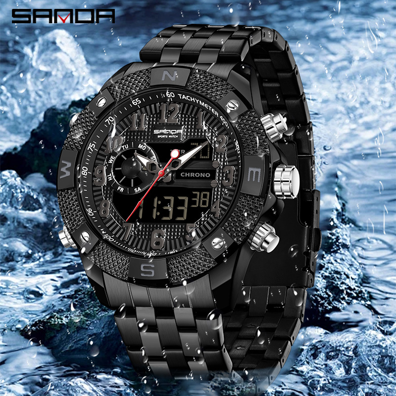 SANDA SANDA3308 nuevo reloj de pulsera electrónico con correa de acero, personalidad, creatividad, despertador multifuncional, reloj de luz nocturna