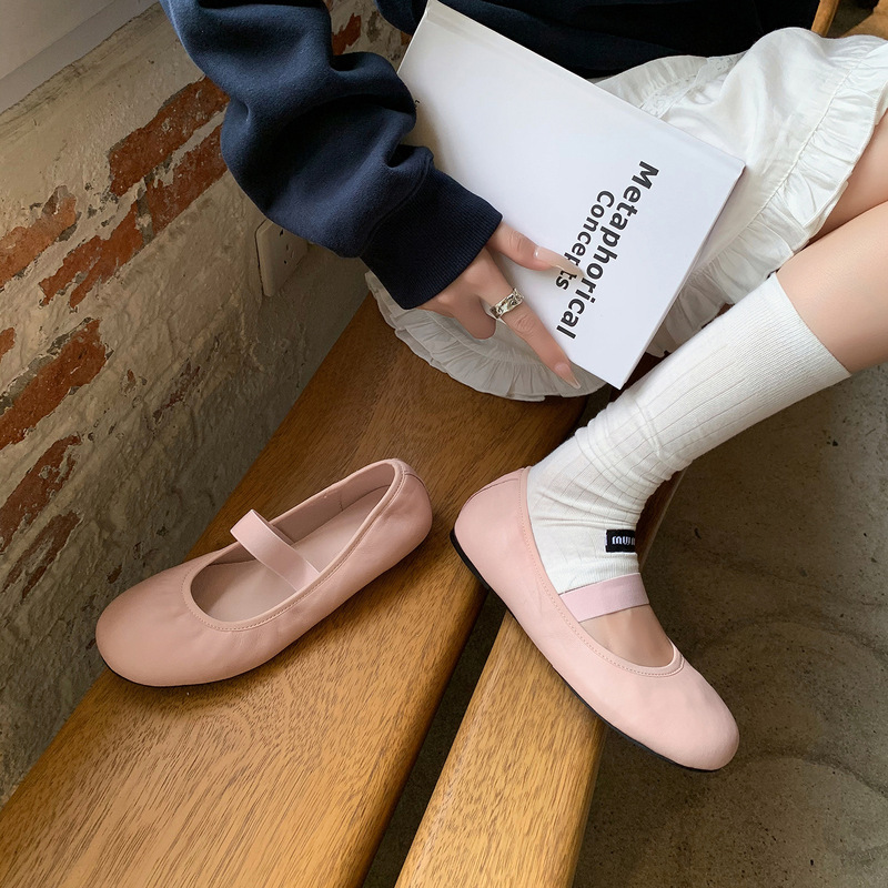 Soft and comfortable genuine leather slip-on shallow single shoes for women, 2026 new model, gray-purple round-toe ballet flats Soft and comfortable genuine leather slip-on shallow single shoes for women, 2026 new model, gray-purple round-toe ballet flats