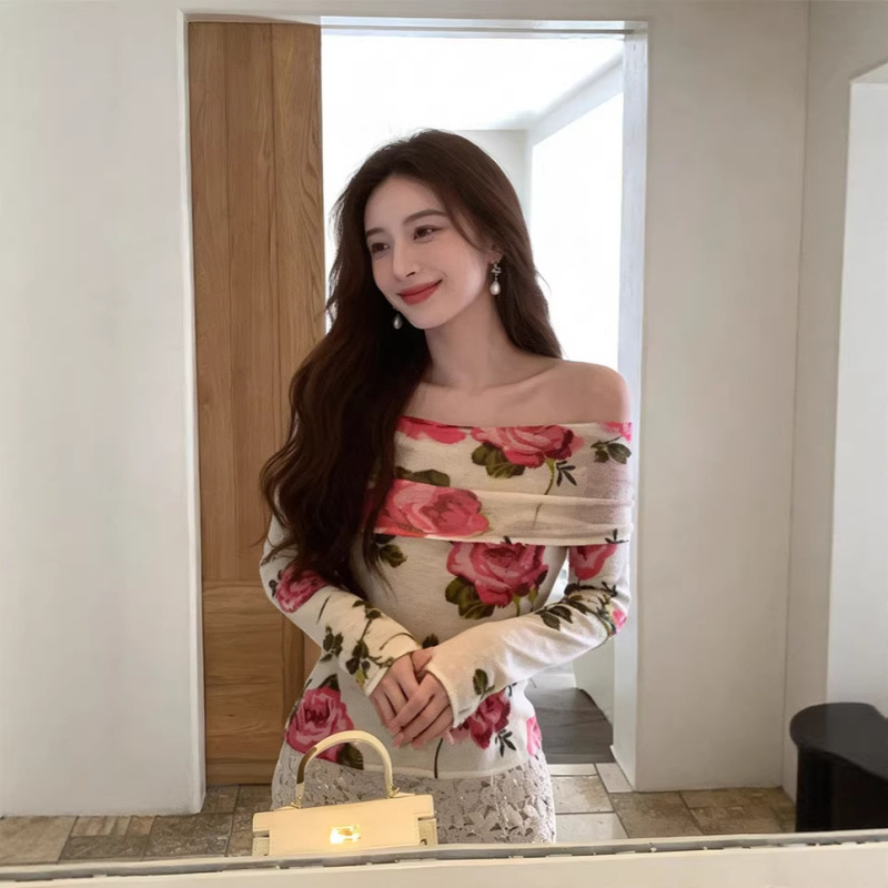 Soft and Romantic French-Style Rose One-Shoulder Long-Sleeve Knit Sweater for Women, New Spring Collection, Knitted Printed Off-Shoulder Top Soft and Romantic French-Style Rose One-Shoulder Long-Sleeve Knit Sweater for Women, New Spring Collection, Knitted Printed Off-Shoulder Top