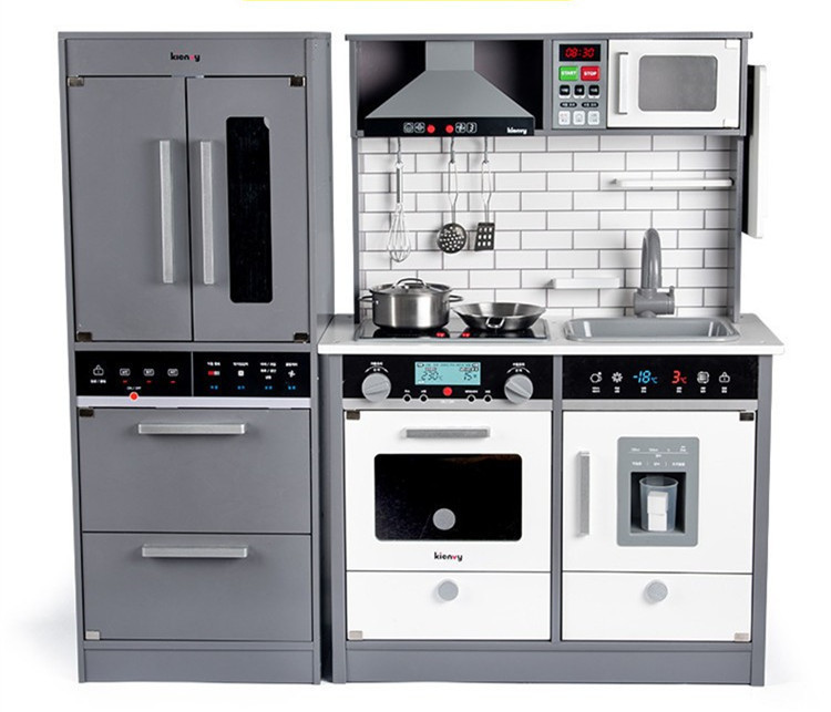 Juego de simulación de madera para niños estilo europeo gris blanco sonido y luz refrigerador grande juguetes de cocina utensilios de cocina traje de cocina