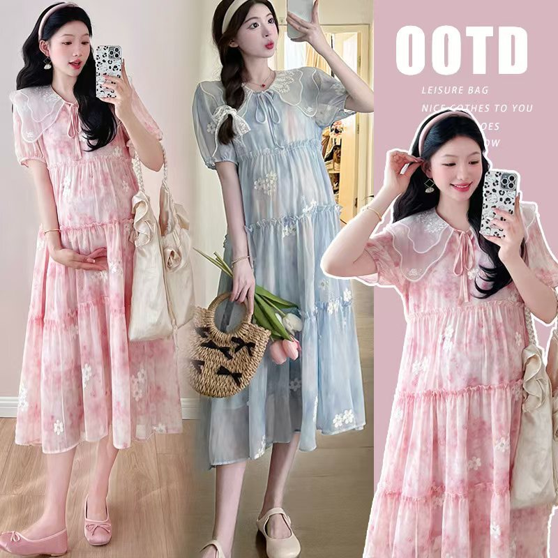 Real Price 2025 Summer Maternity Dress Fashion Loose Embroidery Slim Belly Covering Long dress