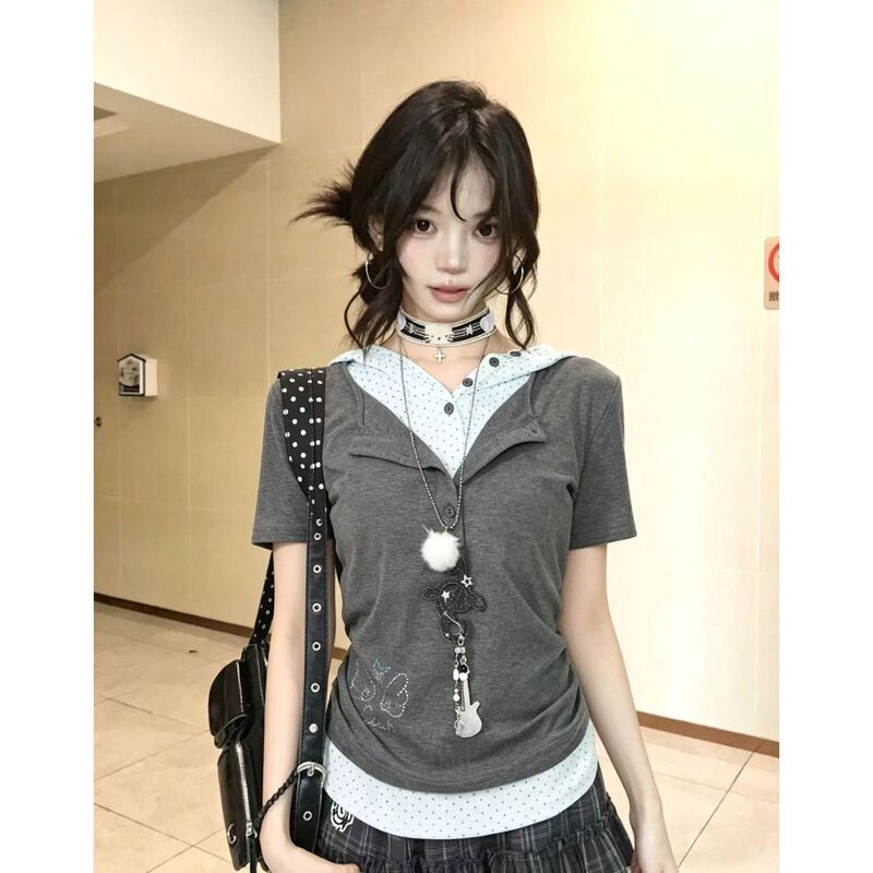 Japanese-Style Star Rhinestone Fake Two-Piece Hooded Short-Sleeve T-Shirt for Women, Summer Y2K Light Asian Style Slim Fit Shoulder Top Japanese-Style Star Rhinestone Fake Two-Piece Hooded Short-Sleeve T-Shirt for Women, Summer Y2K Light Asian Style Slim Fit Shoulder Top