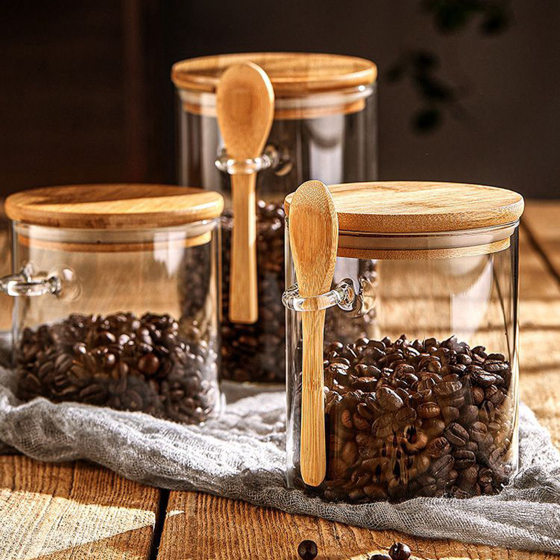 Tarro de almacenamiento de vidrio borosilicato para el hogar con cuchara de vidrio transparente redondo tarro de té