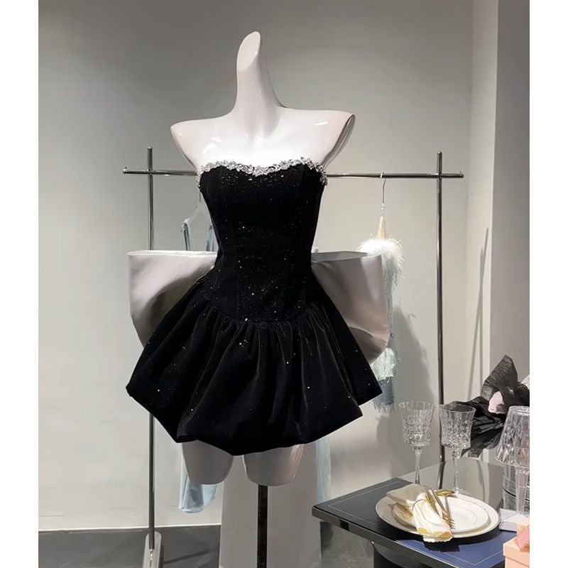 誕生日ドレス、ハイエンドのライトラグジュアリーニッチプリンセスチュチュスカート、リボンチューブトップベルベットドレス|undefined