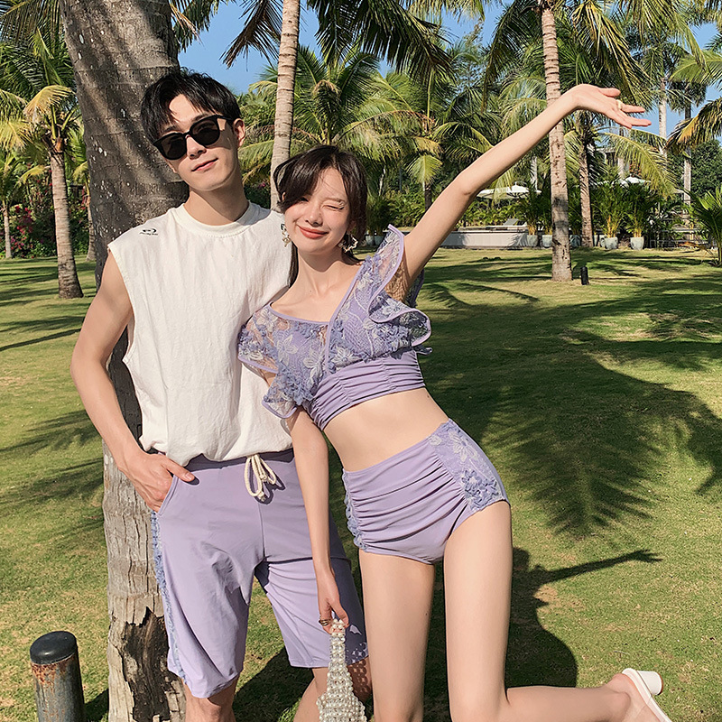 새로운 커플 수영복 패션 슬림핏 슬리밍 작은 가슴 푸시 업 스플릿 투피스 여성 수영복 남성용 비치 팬츠