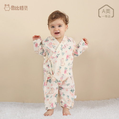Strictly Selected Baby Infant Double Layer Gauze Cotton Onesie Spring and Autumn Long Sleeve Crawling Suit Warm Home Crawling Suit Monk Suit 