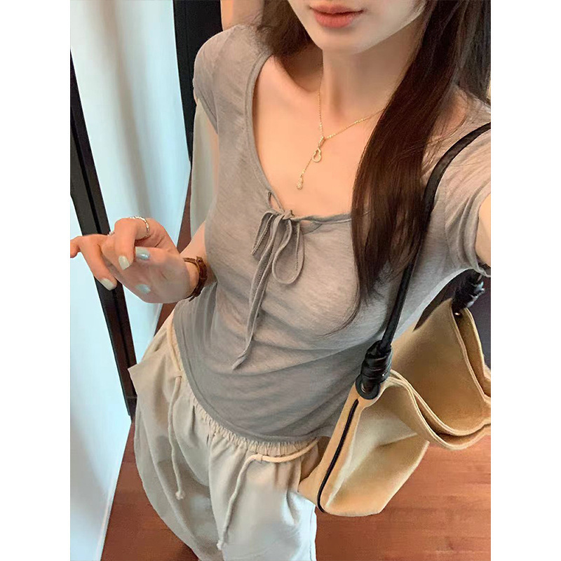 Bow Tie Thin Lace-Up U-Neck Short-Sleeve T-Shirt for Women, 2026 New Summer Style, Very Attractive Waist-Cinching Top Bow Tie Thin Lace-Up U-Neck Short-Sleeve T-Shirt for Women, 2026 New Summer Style, Very Attractive Waist-Cinching Top