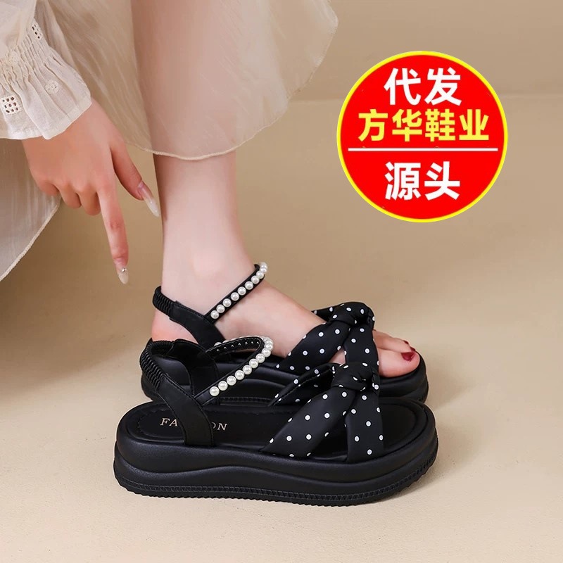 Sandalias de punto de onda de alta calidad de fondo grueso para mujeres de verano 2026 nuevo vestido con faldas de chicas sandalias de lazo de arco