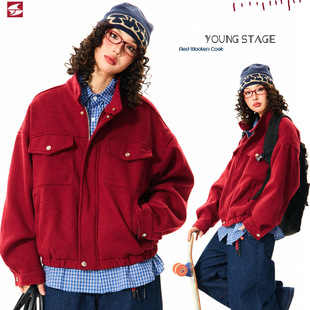 Ankola Red Collar Woolen Jacket for Men and Women High-end Sense Workwear All-match Woolen Jacket Top Collar Baseball Suit