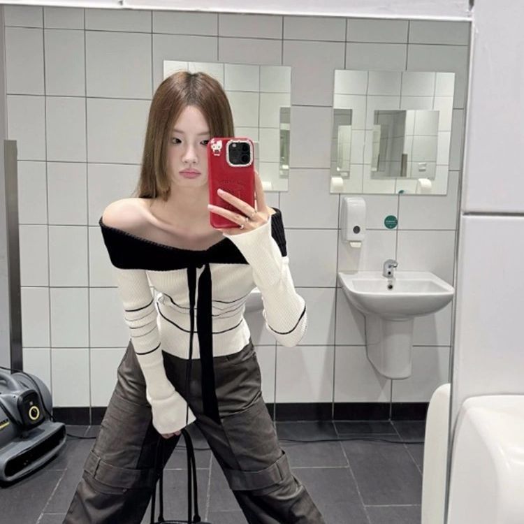 山力达迪气质设计感撞色条纹一字肩毛衣针织衫女秋冬小众修身短款|undefined