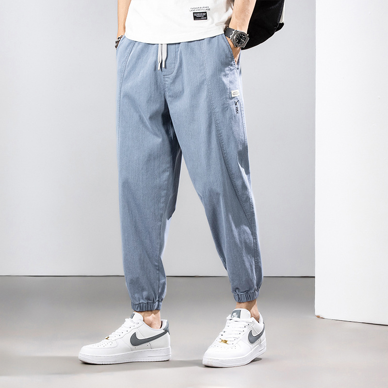Working Pants Summer Thin Breathable Casual Pants Boys Loose Foot-binding Construction Site Harlan Sports Nine-point Workwear Pants Men