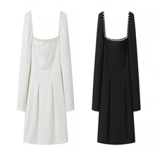 Zatrax-2024春秋季欧美风女装长袖方领收腰短a字小黑裙连衣裙